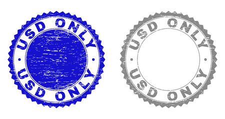Grunge USD ONLY stamp seals isolated on a white background. Rosette seals with grunge texture in blue and gray colors. Vector rubber stamp imprint of USD ONLY label inside round rosette.のイラスト素材