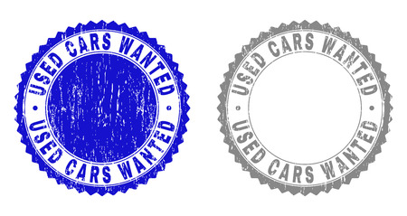 Grunge USED CARS WANTED stamp seals isolated on a white background. Rosette seals with grunge texture in blue and gray colors. Vector rubber overlay of USED CARS WANTED tag inside round rosette.のイラスト素材