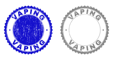 Grunge VAPING stamps isolated on a white background. Rosette seals with grunge texture in blue and gray colors. Vector rubber stamp imitation of VAPING tag inside round rosette.のイラスト素材