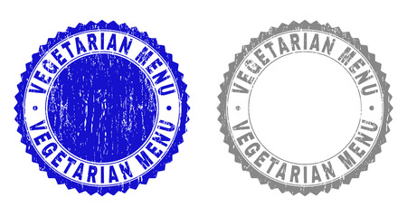 Grunge VEGETARIAN MENU stamp seals isolated on a white background. Rosette seals with grunge texture in blue and grey colors. Vector rubber watermark of VEGETARIAN MENU label inside round rosette.のイラスト素材