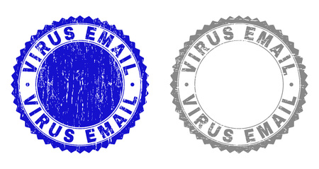 Grunge VIRUS EMAIL stamp seals isolated on a white background. Rosette seals with grunge texture in blue and grey colors. Vector rubber stamp imprint of VIRUS EMAIL label inside round rosette.のイラスト素材