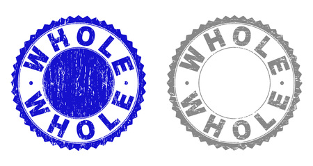 Grunge WHOLE stamp seals isolated on a white background. Rosette seals with grunge texture in blue and gray colors. Vector rubber overlay of WHOLE title inside round rosette.のイラスト素材
