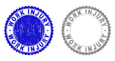 Grunge WORK INJURY stamp seals isolated on a white background. Rosette seals with grunge texture in blue and grey colors. Vector rubber stamp imitation of WORK INJURY title inside round rosette.のイラスト素材