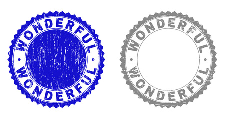 Grunge WONDERFUL stamp seals isolated on a white background. Rosette seals with distress texture in blue and grey colors. Vector rubber stamp imitation of WONDERFUL label inside round rosette.のイラスト素材