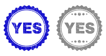 Grunge YES stamp seals isolated on a white background. Rosette seals with distress texture in blue and gray colors. Vector rubber stamp imprint of YES text inside round rosette.のイラスト素材