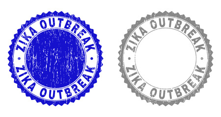 Grunge ZIKA OUTBREAK stamp seals isolated on a white background. Rosette seals with distress texture in blue and grey colors. Vector rubber stamp imprint of ZIKA OUTBREAK text inside round rosette.のイラスト素材