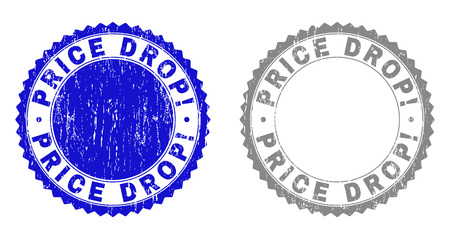Grunge PRICE DROP! stamp seals isolated on a white background. Rosette seals with grunge texture in blue and grey colors. Vector rubber stamp imprint of PRICE DROP! text inside round rosette.のイラスト素材