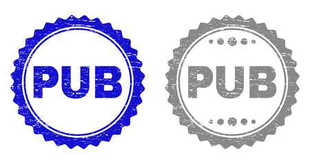 Grunge PUB stamp seals isolated on a white background. Rosette seals with distress texture in blue and grey colors. Vector rubber stamp imprint of PUB caption inside round rosette.のイラスト素材
