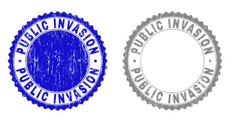 Grunge PUBLIC INVASION stamp seals isolated on a white background. Rosette seals with grunge texture in blue and gray colors.のイラスト素材