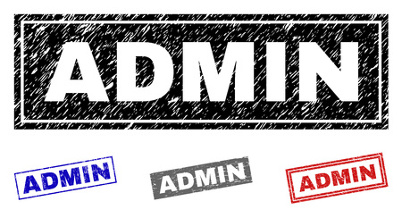 Grunge ADMIN rectangle stamp seals isolated on a white background. Rectangular seals with distress texture in red, blue, black and gray colors.のイラスト素材