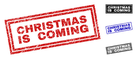 Grunge CHRISTMAS IS COMING rectangle stamp seals isolated on a white background. Rectangular seals with grunge texture in red, blue, black and grey colors.のイラスト素材