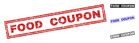 Grunge FOOD COUPON rectangle stamp seals isolated on a white background. Rectangular seals with distress texture in red, blue, black and gray colors.のイラスト素材