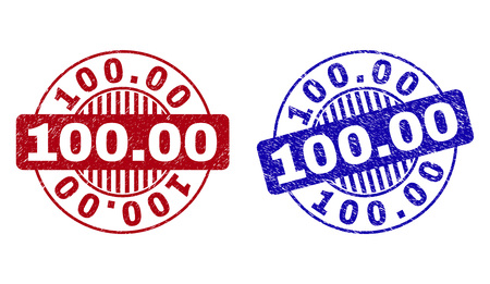 Grunge 100.00 round stamp seals isolated on a white background. Round seals with grunge texture in red and blue colors. Vector rubber imprint of 100.00 title inside circle form with stripes.のイラスト素材