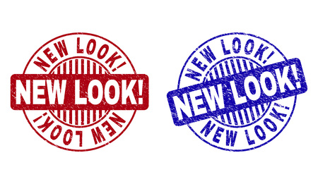 Grunge NEW LOOK! round watermarks isolated on a white background. Round seals with grunge texture in red and blue colors. Vector rubber imitation of NEW LOOK! text inside circle form with stripes.