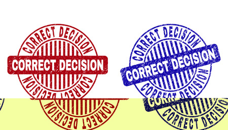 Grunge CORRECT DECISION round stamp seals isolated on a white background. Round seals with grunge texture in red and blue colors.のイラスト素材