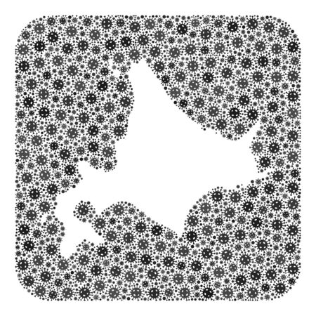 Covid-2019 virus map of Hokkaido Island mosaic composed with rounded square and subtracted shape. Vector map of Hokkaido Island mosaic of covid-2019 parts in different sizes and gray color tinges.のイラスト素材