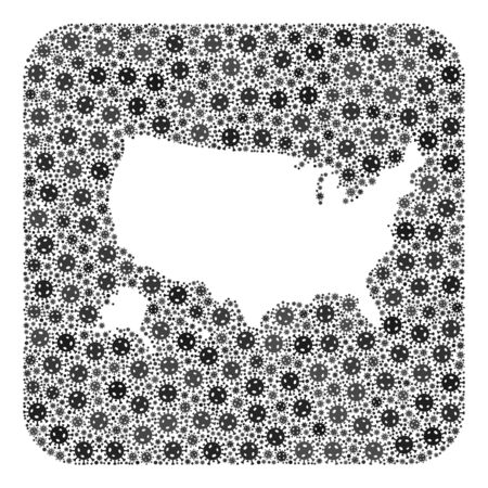 Covid-2019 virus map of USA territories mosaic composed with rounded square and subtracted space. Vector map of USA territories composition of covid-2019 items in various sizes and grey color tints.のイラスト素材