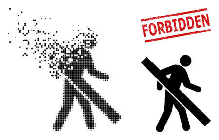Forbidden walking man icon in sparkle, pixelated halftone style and Forbidden rubber stamp imitation. Cells are arranged into vector disappearing forbidden walking man icon.のイラスト素材