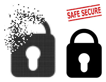 Locked icon in dispersed, dotted halftone style and Safe Secure rubber seal. Points are grouped into vector dispersed locked figure. Stamp seal includes Safe Secure caption between parallel lines.のイラスト素材
