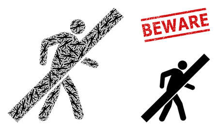 Recursive mosaic no walking man and Beware grunge stamp print. Vector mosaic is done with scattered no walking man icons. Stamp includes Beware text between parallel lines.のイラスト素材