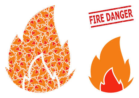 Recursion collage fire and Fire Danger rubber stamp imitation. Vector collage is organized with random fire elements. Stamp includes Fire Danger title between parallel lines.のイラスト素材
