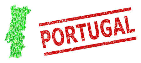 Green dollar and men mosaic map of Portugal and scratched seal stamp. Seal includes PORTUGAL tag between parallel lines. Mosaic map of Portugal constructed of green dollars, and men symbols.のイラスト素材