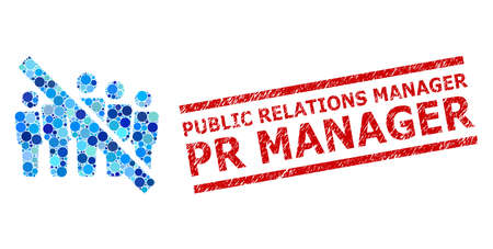 Round dot collage no people crowd and PUBLIC RELATIONS MANAGER PR MANAGER scratched seal. Stamp seal includes PUBLIC RELATIONS MANAGER PR MANAGER text between parallel lines.のイラスト素材