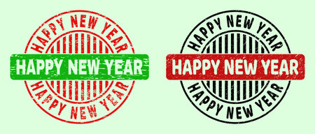 HAPPY NEW YEAR bicolor round imprints with unclean surface. Flat vector distress watermarks with HAPPY NEW YEAR title inside round shape, in red, black, green colors. Round bicolor seal stamps.のイラスト素材