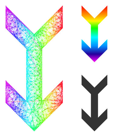 Rainbow colorful wire frame arrow down, and solid rainbow gradient arrow down icon. Hatched frame 2D network geometric image based on arrow down icon, made with crossed lines.のイラスト素材
