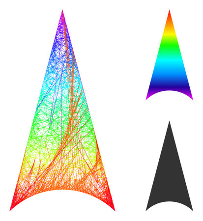 Rainbow colorful crossing mesh arrowhead up, and solid rainbow gradient arrowhead up icon. Hatched frame 2D net geometric image based on arrowhead up icon, is created with crossing lines.のイラスト素材