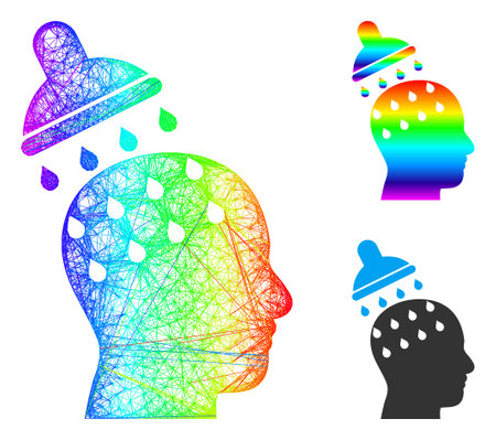 Spectral colored net mesh brain washing, and solid spectral gradient brain washing icon. Crossed carcass 2D net geometric image based on brain washing icon, is made with crossed lines.のイラスト素材