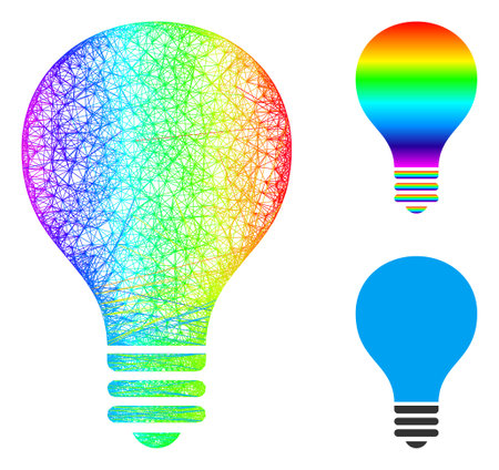 Spectral colorful network bulb, and solid spectral gradient bulb icon. Crossed frame flat net abstract symbol based on bulb icon, made from crossed lines.のイラスト素材