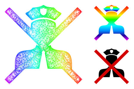Rainbow colored net cancel policeman, and solid rainbow gradient cancel policeman icon. Linear carcass flat net geometric image based on cancel policeman icon, generated with crossing lines.のイラスト素材