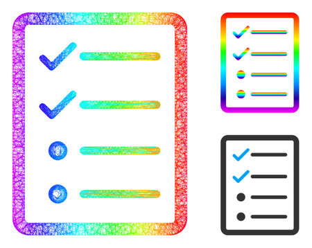 Rainbow colored net checklist page, and solid rainbow gradient checklist page icon. Wire carcass 2D net geometric image based on checklist page icon, is created from crossed lines.のイラスト素材