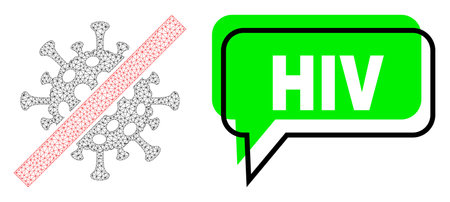 Shifted HIV green chat speech shape and cancel coronavirus mesh model. Vector 2d cancel coronavirus, designed with flat mesh. Green chat has HIV title inside black contour, and color cloud.のイラスト素材