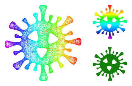 Spectrum vibrant net covid-19 virus, and solid spectrum gradient covid-19 virus icon. Crossed frame flat net geometric image based on covid-19 virus icon, made with crossed lines.のイラスト素材