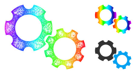 Spectrum colored network gears, and solid spectrum gradient gears icon. Hatched carcass 2D network geometric symbol based on gears icon, is made with crossed lines.のイラスト素材