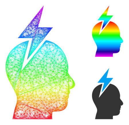 Spectrum vibrant network headache, and solid spectrum gradient headache icon. Crossed carcass 2D network geometric image based on headache icon, is created from crossing lines.のイラスト素材