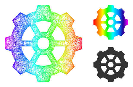 Rainbow vibrant network gear, and solid rainbow gradient gear icon. Crossed frame 2D network abstract image based on gear icon, made from crossed lines.のイラスト素材