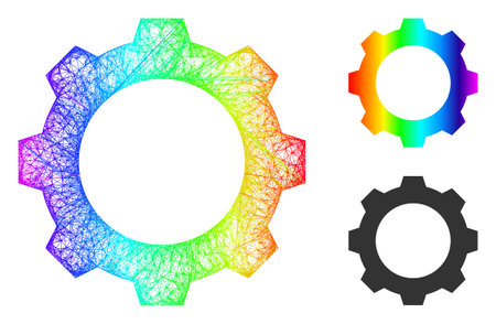 Spectral colorful wire frame gear, and solid spectral gradient gear icon. Wire carcass flat network abstract image based on gear icon, made with crossed lines.のイラスト素材