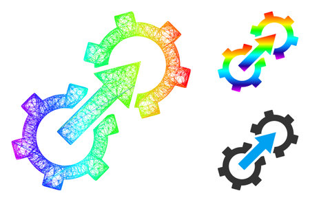 Rainbow colored network gear integration, and solid rainbow gradient gear integration icon. Wire carcass 2D network abstract symbol based on gear integration icon, created from crossing lines.のイラスト素材