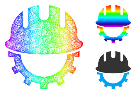 Rainbow colored network development hardhat, and solid rainbow gradient development hardhat icon. Crossed frame 2D network abstract image based on development hardhat icon, created from crossed lines.のイラスト素材