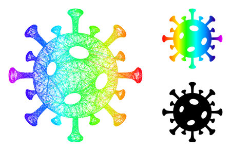 Spectrum vibrant crossing mesh covid virus, and solid spectrum gradient covid virus icon. Linear frame 2D net geometric symbol based on covid virus icon, is generated from crossing lines.のイラスト素材