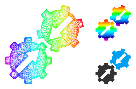 Spectrum colored wire frame gear integration, and solid spectrum gradient gear integration icon. Wire frame 2D net geometric image based on gear integration icon, generated with crossed lines.のイラスト素材