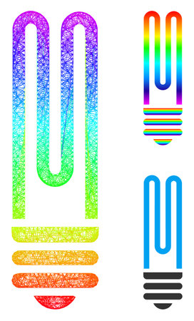 Rainbow colorful network fluorescent bulb, and solid rainbow gradient fluorescent bulb icon. Linear frame 2D network abstract image based on fluorescent bulb icon, is created from crossed lines.のイラスト素材