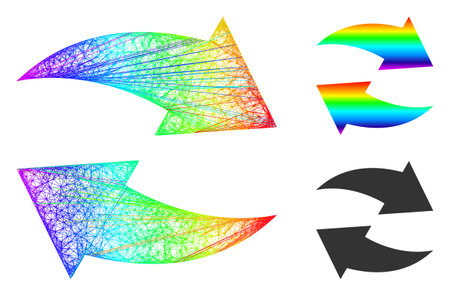 Spectral vibrant wire frame exchange arrows, and solid spectral gradient exchange arrows icon. Crossed frame flat network geometric symbol based on exchange arrows icon, made from crossed lines.のイラスト素材