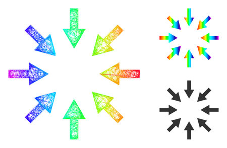 Spectral vibrant net mesh compact arrows, and solid spectral gradient compact arrows icon. Crossed frame flat net abstract image based on compact arrows icon, is created with crossed lines.のイラスト素材