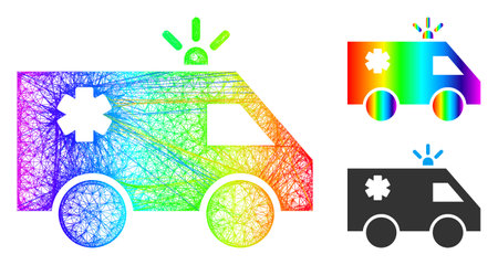 Spectrum vibrant crossing mesh emergency car, and solid spectrum gradient emergency car icon. Crossed carcass 2D network abstract symbol based on emergency car icon, created from crossing lines.のイラスト素材