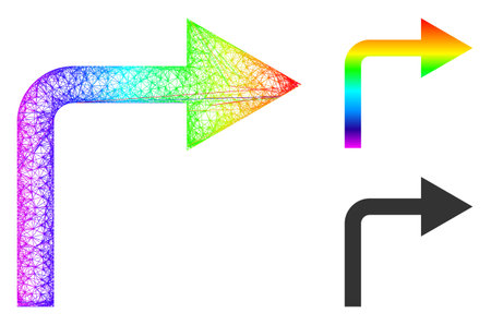 Rainbow vibrant network turn right, and solid rainbow gradient turn right icon. Crossed carcass 2D net geometric symbol based on turn right icon, generated from crossed lines.のイラスト素材