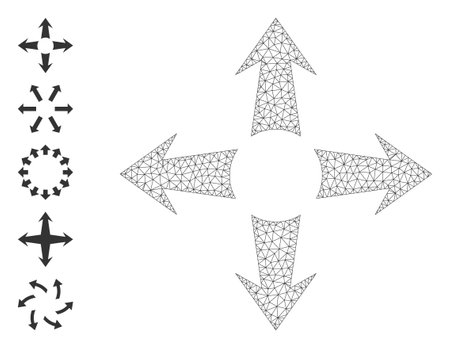 Mesh polygonal expand arrows icon with simple glyphs created from expand arrows vector graphics. Carcass mesh polygonal expand arrows. Wire carcass 2D mesh in eps10 vector format.のイラスト素材